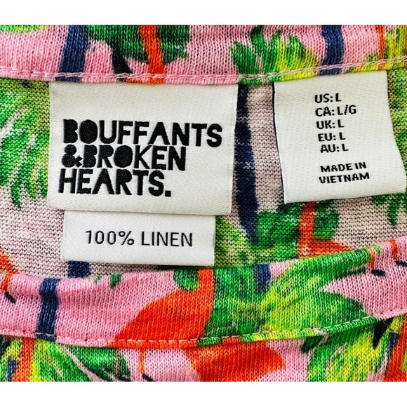 BOUFFANTS + BROKEN HEARTS Womens L Pink Flamingo & Palm Tree Linen Boxy Crop Tee - Picture 6 of 10